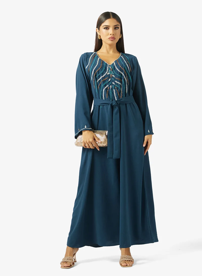 hayas closet  Embellished Floral Stonework At Front Section An Belt Jalabiya for Women | Best Price UAE